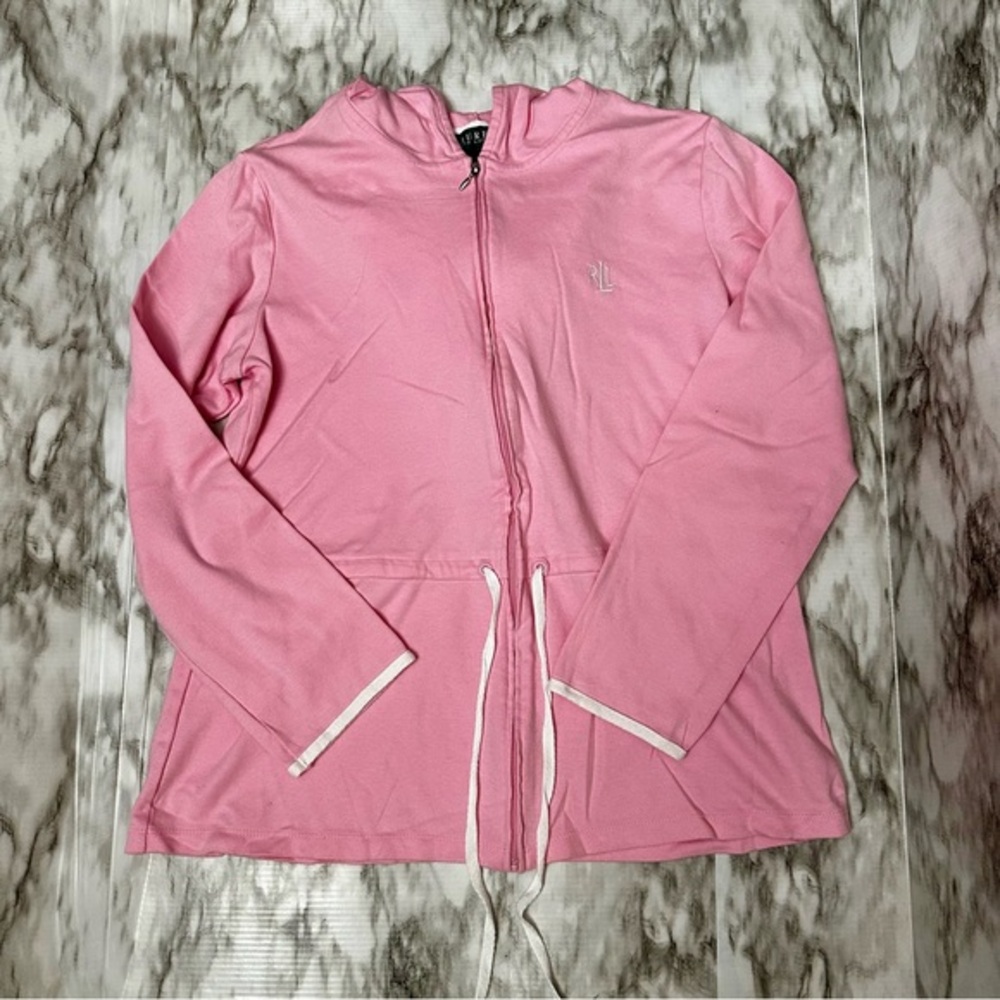 Lauren Ralph Lauren Womens Sz L Pink Hooded Drawstring Zip Up Jacket White Trim